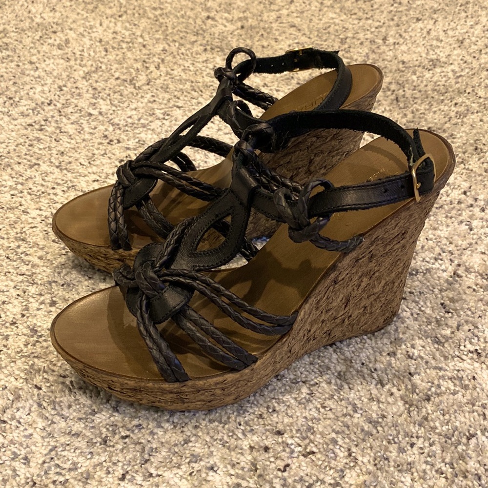 Tiurai Italy Italian faux wood black leather rope wedge sandals 7